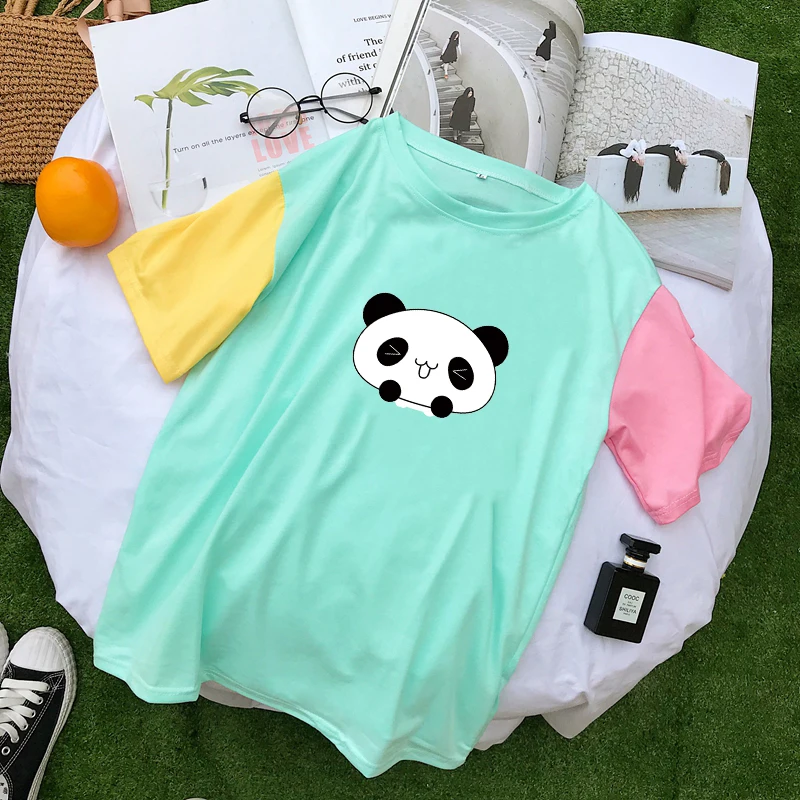 

T Shirt Women Summer Short Sleeve Hit Color Splic Tee Shirt Femme Harajuku Kawaii Panda Print Tops Casual Korean Ulzzang Clothes