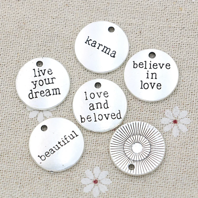 10 шт./лот, античные посеребренные Подвески с надписью «Live your Dream Karma Believe in Love» для самостоятельного изготовления ювелирных изделий ручной работы 20 мм