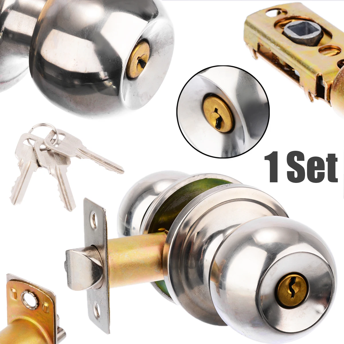 1pcs Stainless Steel Round Ball Privacy Door Knob Set Bathroom Handle Lock With Key Hardware Door Locks