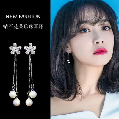 cz flower pearl tassel earring 925 silver post Hypoallergenic fadeless fashion jewelry stud earrings for women girl gift
