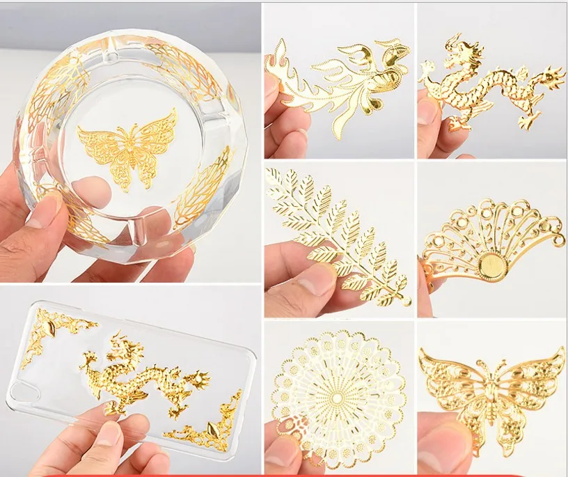 

10pcs Dragon fan leaves butterfly metal material epoxy mold makeing jewelry filling sticker for DIY ashtray phone case making