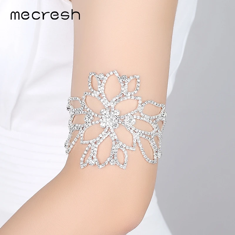 Mecresh Silver Color Crystal Bracelets for Women Floral Bridal Ankle Bracelets & Bangles Wedding Engagement Jewelry SL009