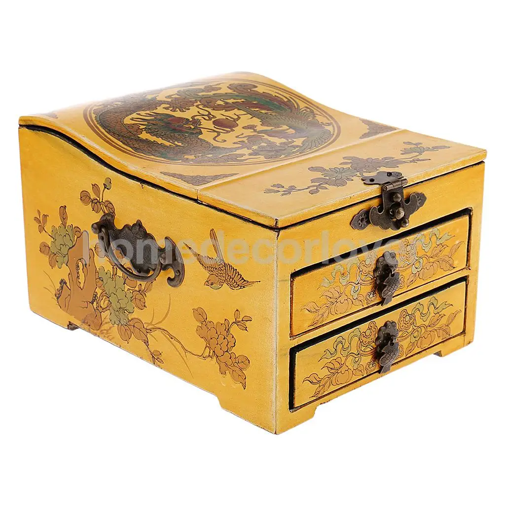 Vintage Wooden Dresser 2 Drawer 1 Mirror for Jewelry Storage Case Box Yellow