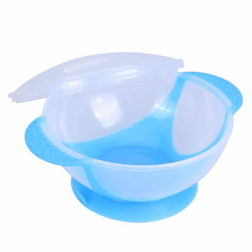 Toddler Baby Kids Child Feeding Lid Training Bowl with Spoon Cartoon Binaural Baby Feeding Tableware Children Plate Sucker Bowl - Цвет: blue