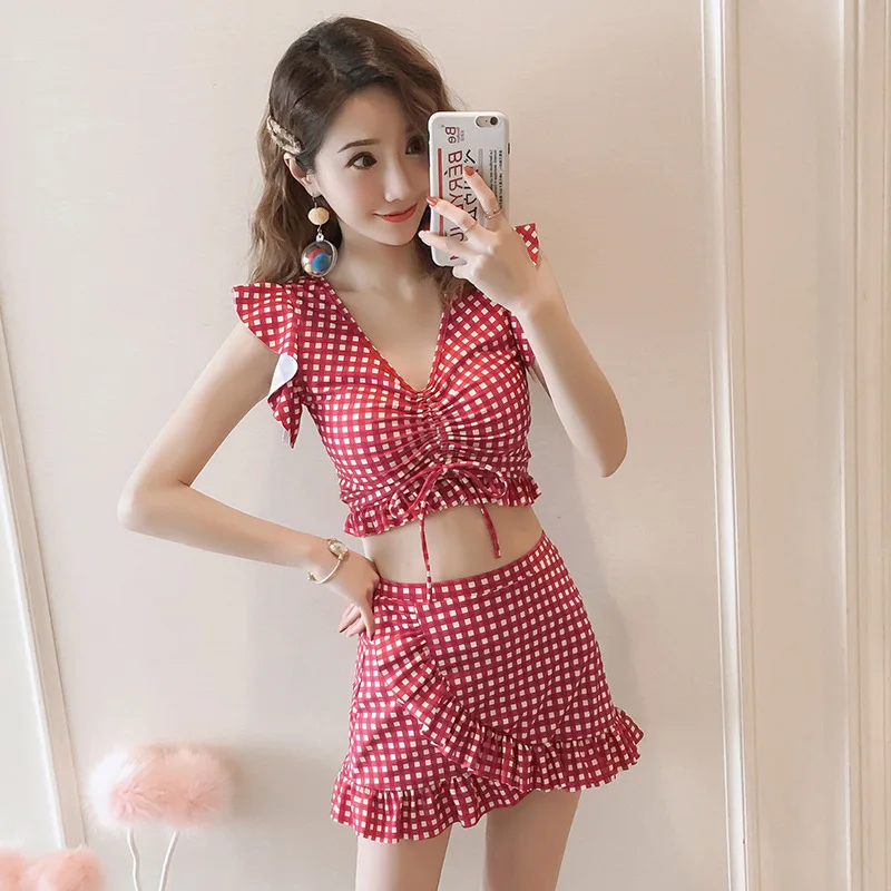 

Swimming Rash Guard For Women Rashgard Bikini Push Up 2019 Two Piece Swimsuit Guards Print Grid Skirt Bubble Plaid Polyester