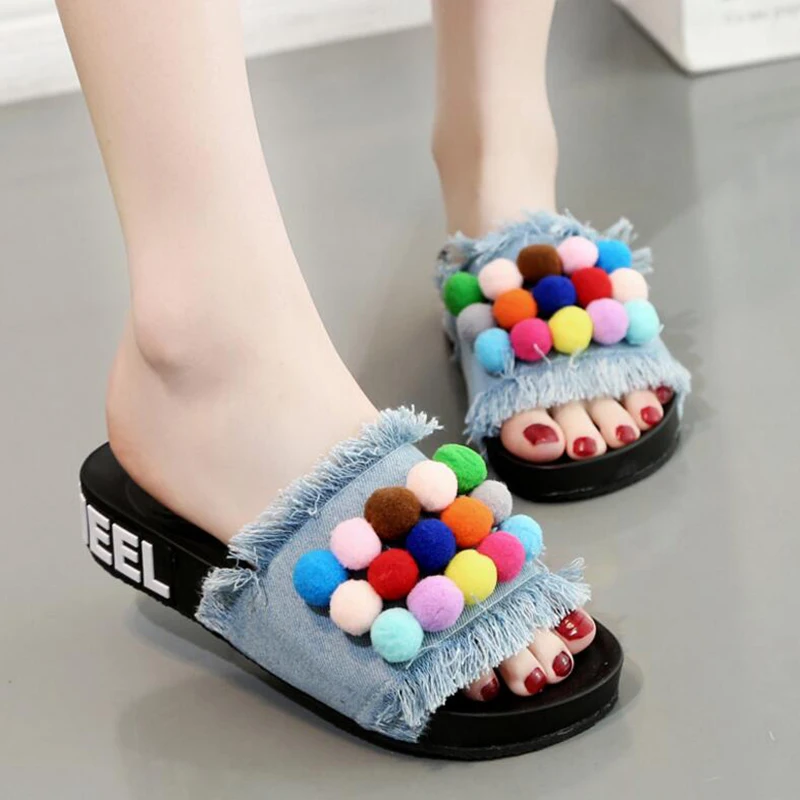 PomPom Sandal Лето г. шлепанцы женские босоножки с кисточками; обувь с маленькими пушистыми помпончиками для флип-флоп в ковбойском стиле обувь на платформе z120