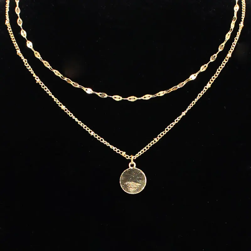 

New Fashion Round Sequins Choker Chain Necklace Charms Women Double Layered Pendant Necklace Jewelry