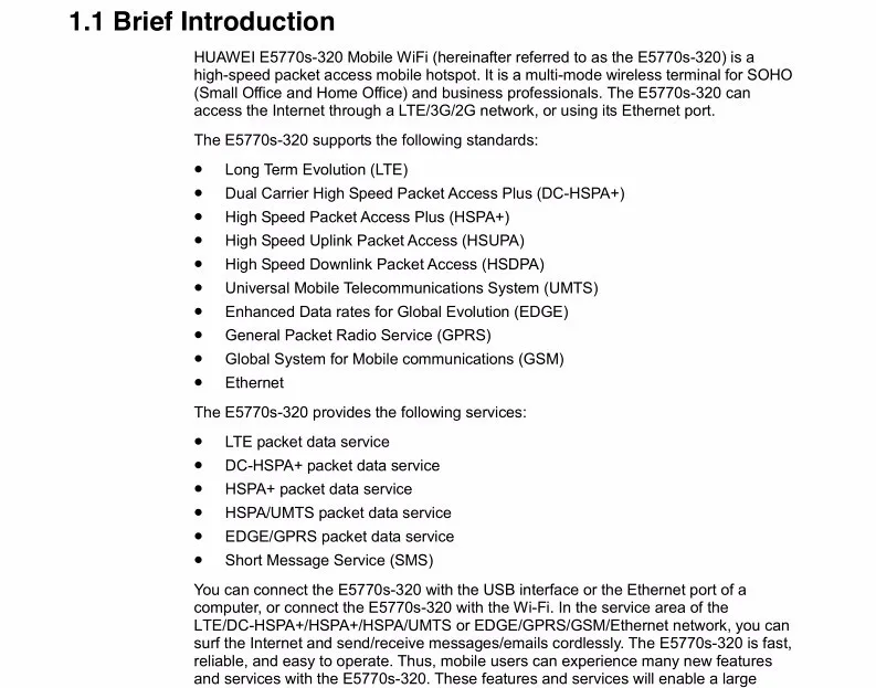 Huawei E5770s-320 Мобильный Wi-Fi с RJ45 4 аппарат не привязан к оператору сотовой связи FDD800/850/900/1800/2100/2600 МГц DC-HSPA+ 850/900/1900/2100 МГц