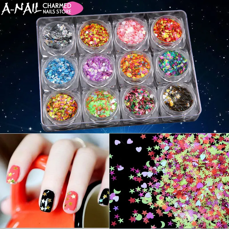 

12boxes/set 3D Shinning Nail Sequin Lucky Star/Moon/Heart DIY Paillette for Nails Tips Face Nail Art Decor 3D Beauty Flakes