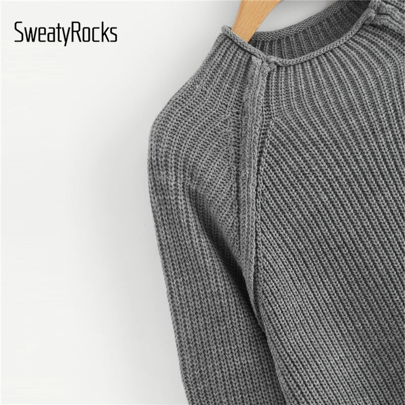 SweatyRocks Grey Knit Autumn Sweater Heart Insert Raglan Sleeve Women Jumper Long Sleeve Pullover Clothes 2018 Womens Sweaters