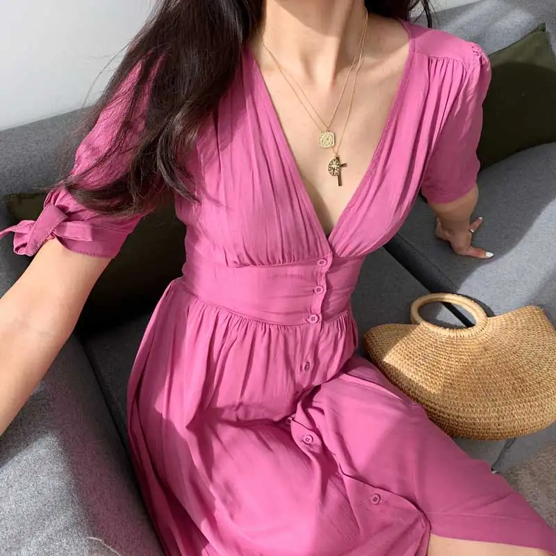 

BOHO INSPIRED Love Of My Life Midi summer Dress V-neck Defined waist buttons half Cute ties sleeve pink women dresses 2019 new