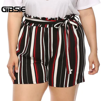 

GIBSIE Plus Size New Fashion Bow Striped Shorts Women's Summer High Waist Shorts 2019 Female Casual Straight Shorts with Belt