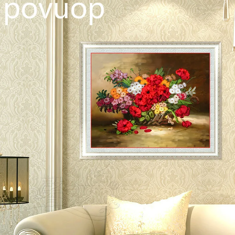 

POVUOP Ribbon embroidery, canvas size 60X50 cm hanging picture, living room, red crisp, hand printing, cross stitch, a new style