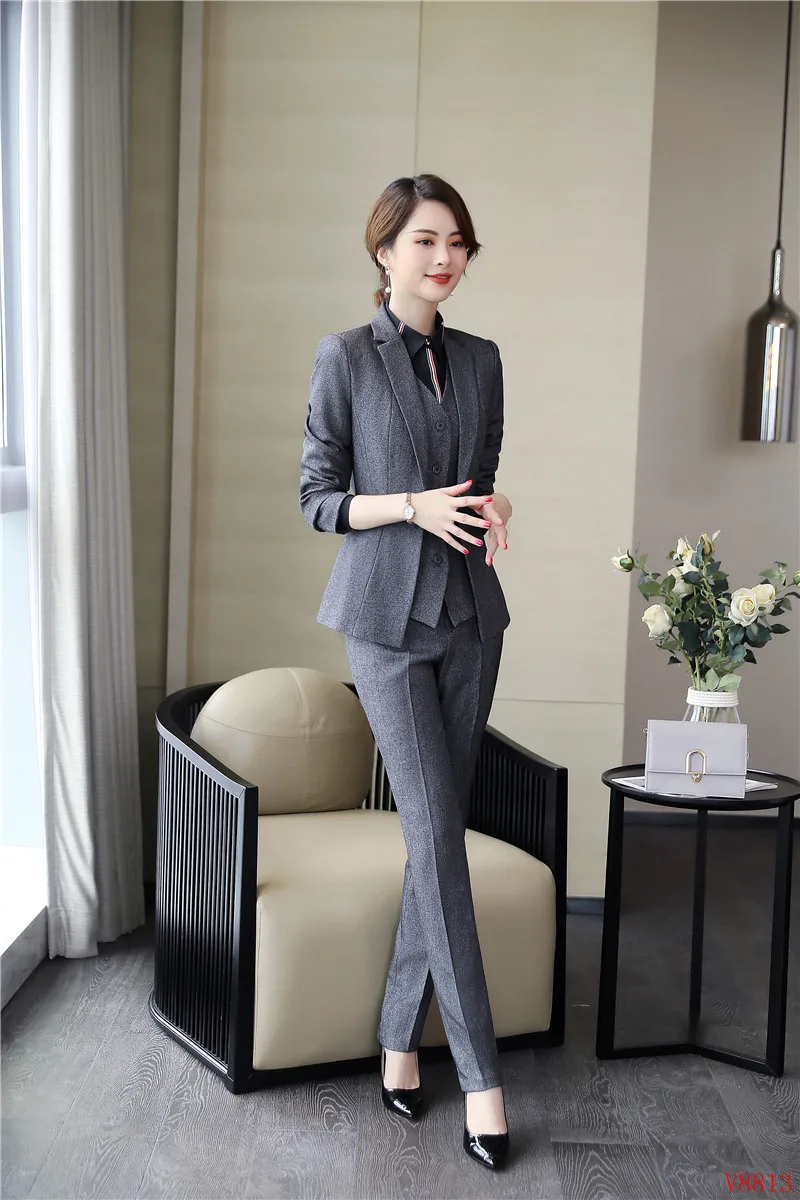Gilet Costumes Blazers Ensembles 2019 Gris Dames Veste Pantalon Nouveau Formelle Élégante De 3 Femmes Et D'affaires Blazer Pièce 6CXYqT