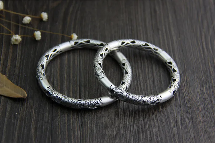 

S999 sterling silver fish lotus hollow bracelet ladies retro vintage silver bracelet