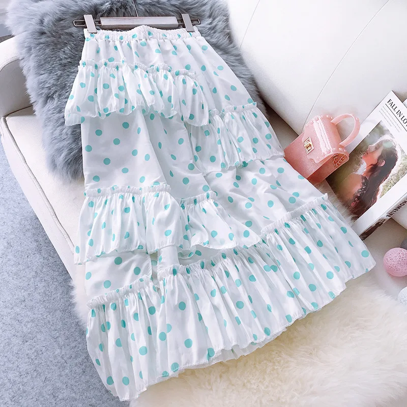 Сезон: весна–лето с узором в горошек, с принтом в виде юбки женские, макси на резинке с оборкой, с высокой посадкой длинная юбка в Корейском стиле; модная пляжная юбка для Новинки для женщин