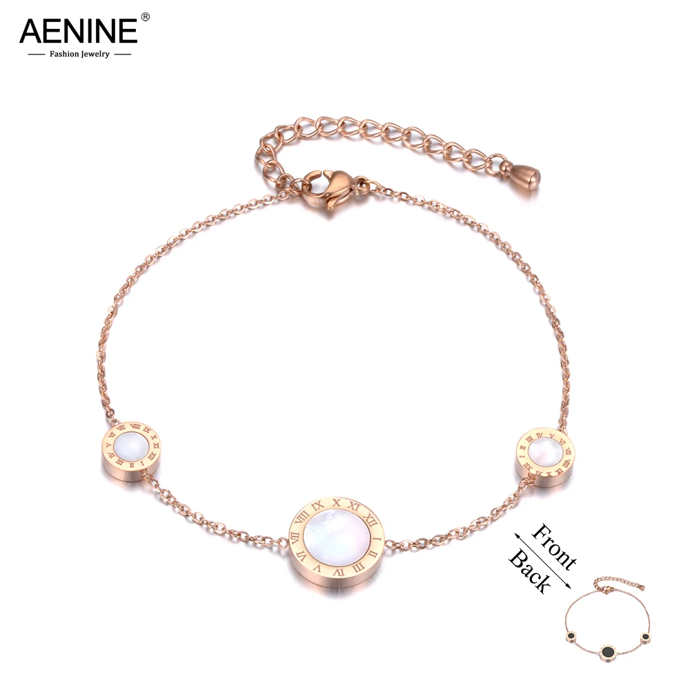 

AENINE Stainless Steel Roman Numerals Circle Black & White Sheel Double Sided Charm Chain & Link Bracelets For Women AB18185