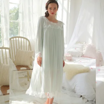 

RenYvtil Summer Court Princess Lace Long-sleeve Women Nightdress Pleated Elegant Dress Bride Sweet Home Wear Female Plus Size