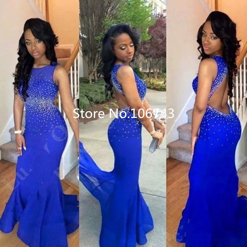 

Sexy Long Open Back Mermaid/Trumpet Royal Blue Prom Dresses 2016 Hot Sale Elegant Women Beaded Long Evening Dress To Party