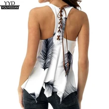 Летние топы для женщин размера плюс 5XL,, уличная одежда с принтом перьев на спине, на шнуровке, без рукавов, топ, туника, футболка, одежда для женщин