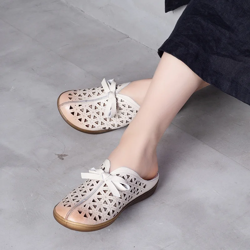 

Women Leather Mules Slippers Embroidery Summer Shoes Women Beige Slippers Hollow Out Handmade Genuine Leather Women Mules Soft
