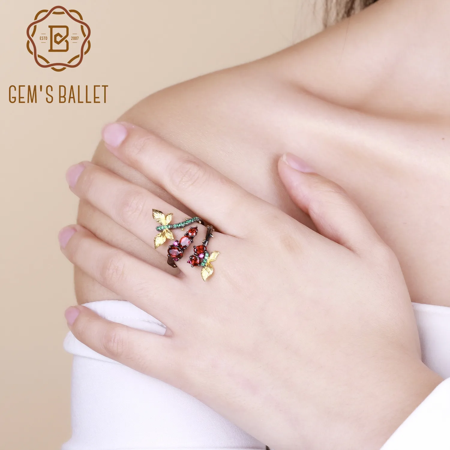 GEM'S BALLET 1.81Ct натуральный гранат ветка бабочка кольца для женщин ювелирные изделия 925 пробы серебро Оригинальное открытое регулируемое кольцо