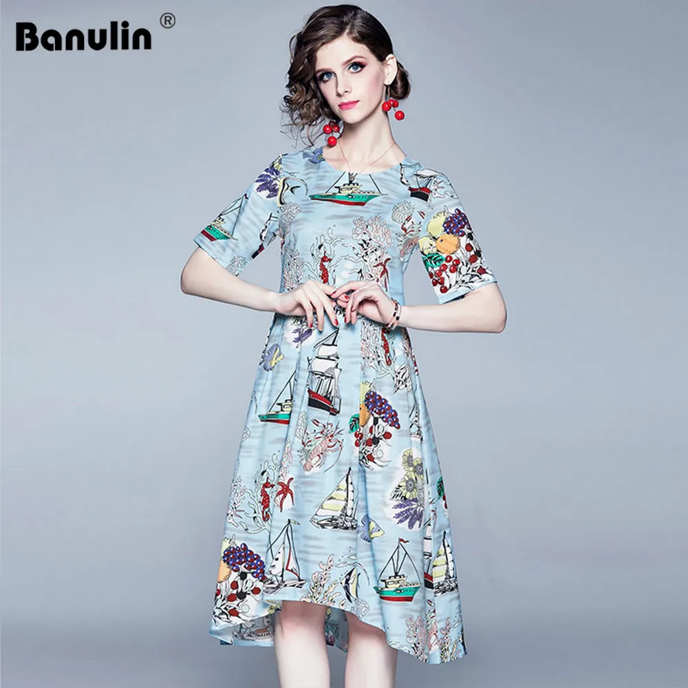 

Banulin Runway Summer Dresses Women's Short Sleeve Casual Blue Holiday Boat Fishes Floral Print Irregular Midi Dress Vestidos