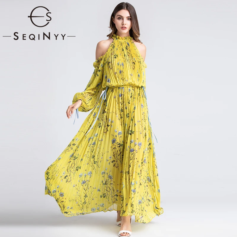 

SEQINYY Long Dress Elegant Pleated 2019 Summer Spring Fashion Design Elastic Waist Long Sleeve Flowers Printed Beach Dress