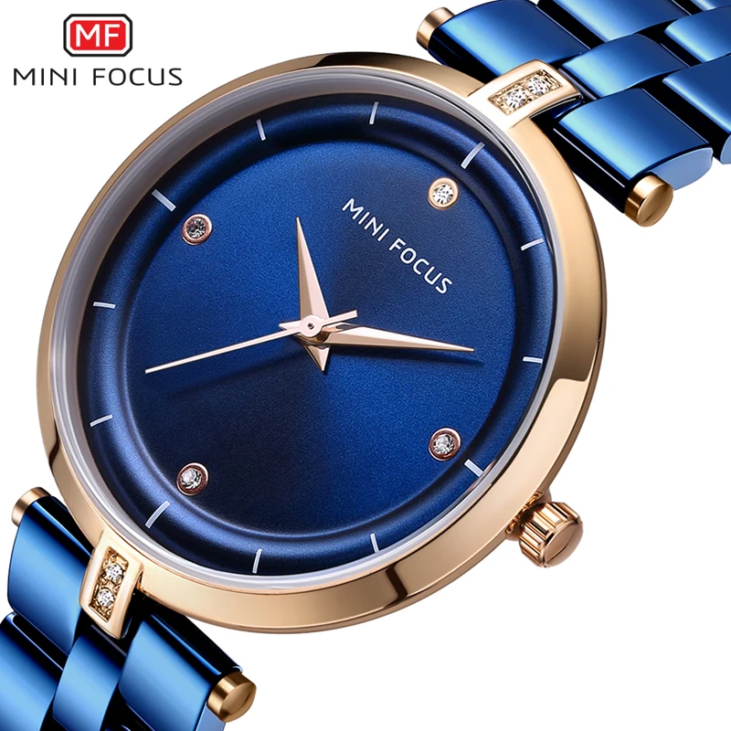 Koop MINIFOCUS 2018 Nieuwe Vrouwen Horloges Luxe Merk Mode Armband Klok Blauw Goud Staal Quartz Horloge Dames Valentijn Cadeau