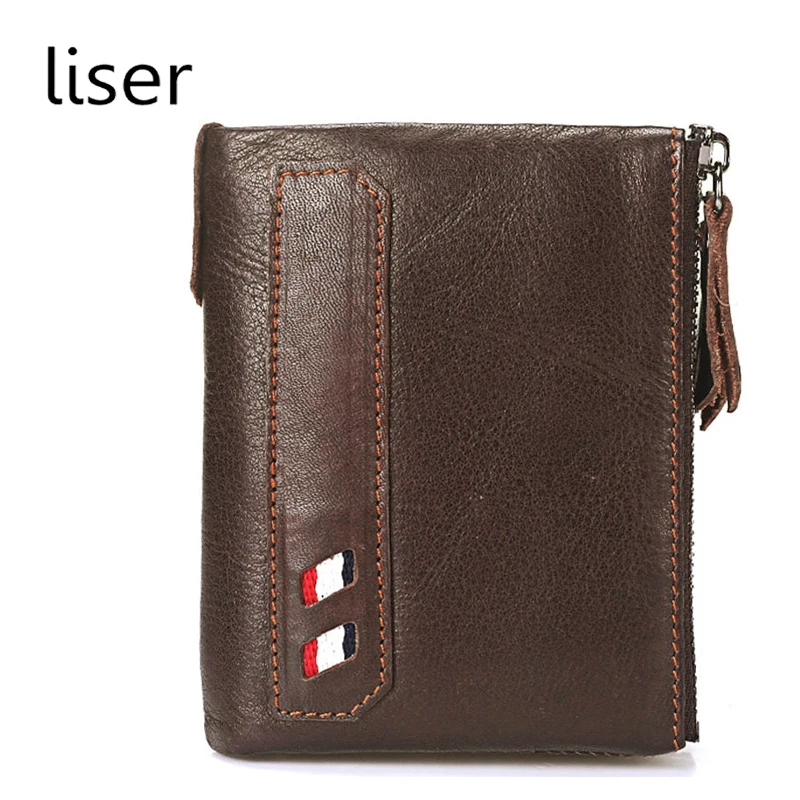 

New Men's Genuine Leather Double Zipper Money Wallets Short Style Coin Pocket Multi-function Perfect Card Organizer Wallet