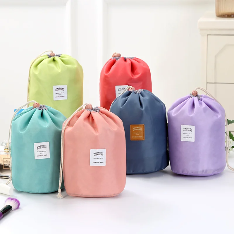 Women Drawstring Wash Bags Makeup Organizer Barrel Shaped Travel