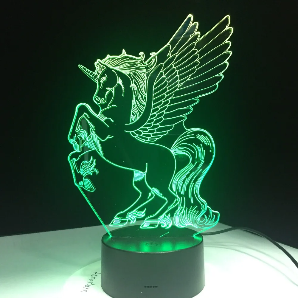 Единорог крылья 3D ночник Творческий Электрический иллюзию 3d светильник светодиодный 7 цветов Изменение USB touch настольная лампа для малыша