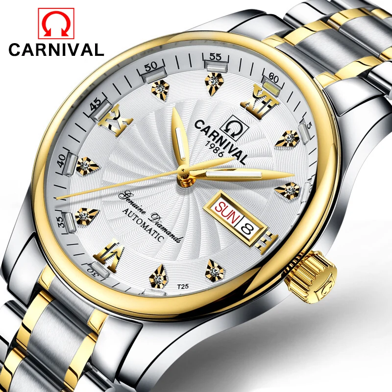 

Carnival Green Tritium Watch Men Automatic Mechanical Luminous Gold Stainless Steel Waterproof Date Week Watches