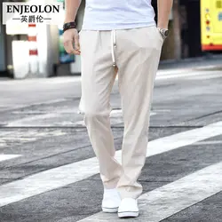 Enjeolon брендовые длинные брюки повседневные штаны мужские, высокое качество льняная летняя шляпа одежда Прямые Мужчины Повседневная одежда
