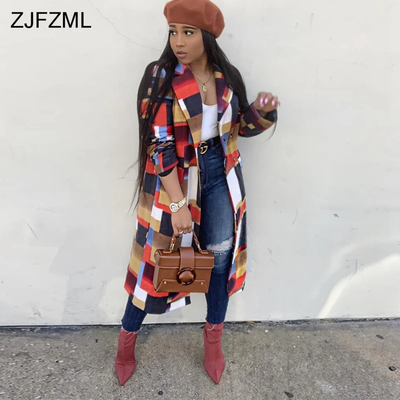 

Geometric Pattern Sexy Long Jacket Women Turn Down Collar Long Sleeve Maxi Outerwear Autumn Winter Contrast Color Casual Coat