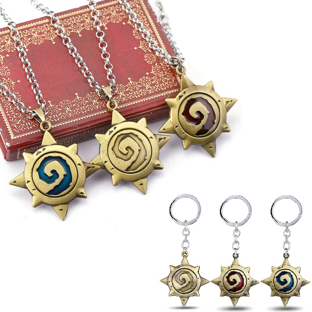 

Game Series Hearthstone Logo Necklace With Key Chains Keyring Hearth Stone Metal Pendant Necklaces Model Toy For Boys Gift