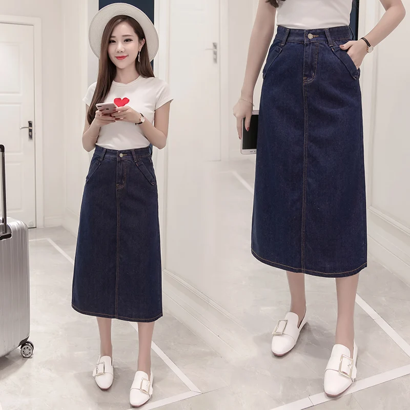 

Large size S-5XL Medium length denim skirt women 2019 summer Slim was thin new simple comfortable half-length skirt denim skirt