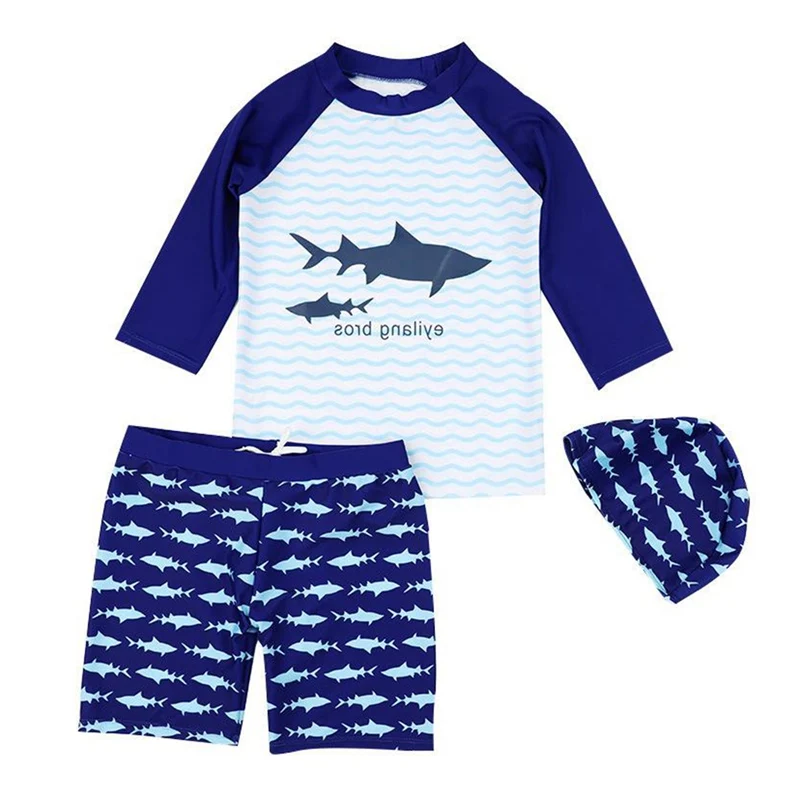 

Boy Sunshade Swimsuit Beach Surf Suit Set Swimming Long Sleeve Shirt Shorts Cap Swimwear Children Shirt Shorts Shark Printed