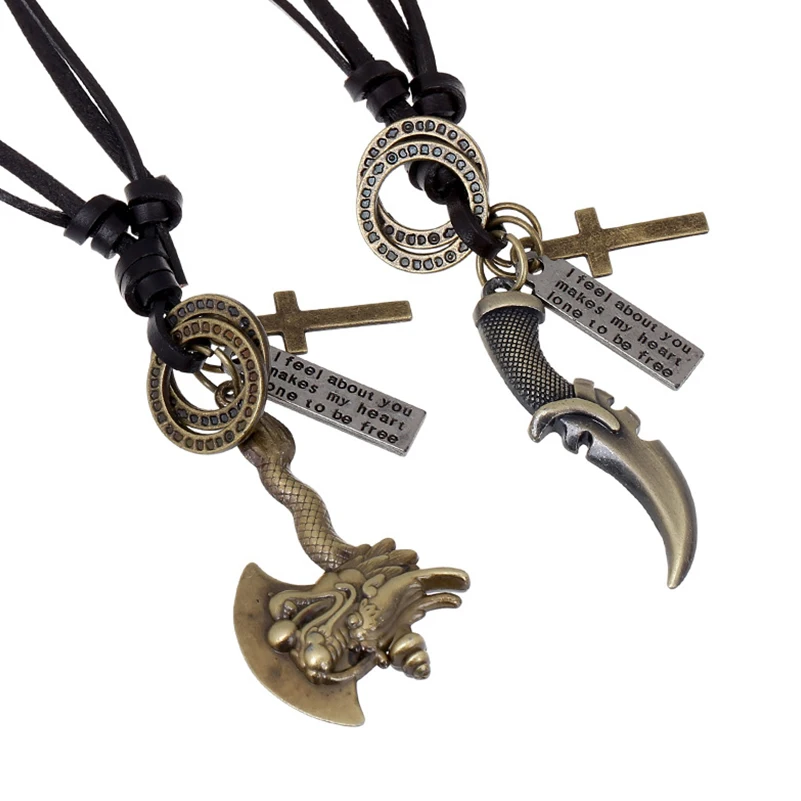 

new punk style dragon ax dagger cross round loop love letter tag brooze color alloy charms with leather chain pendant necklace
