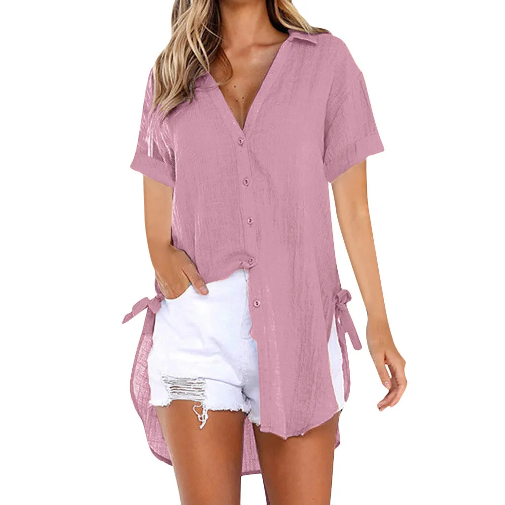 

Plus Size Ladies short Sleeve Blouse 2019 Casual Women Solid color Blouse Shirt Loose Tunic Robe Feminina Tops#D10