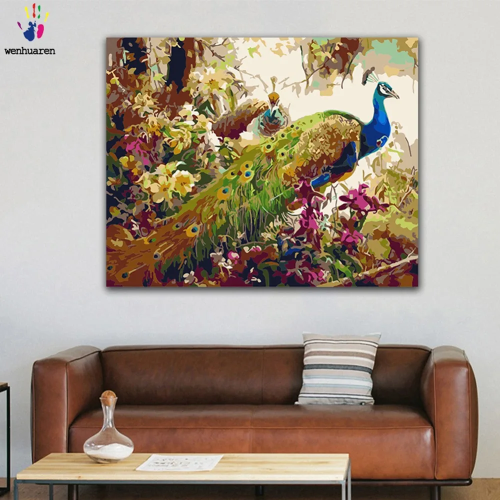 

DIY Painting by numbers Rich peacock hibiscus flower picture coloring paints by numbers with kits for wall decor