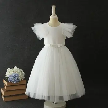 

New 2019 Baby Girls Puff Sleeve Bow Mesh Dresses, Baby Kids Elegant Flower Clothing With Movable Cape 6 pcs/lot Free Shipping