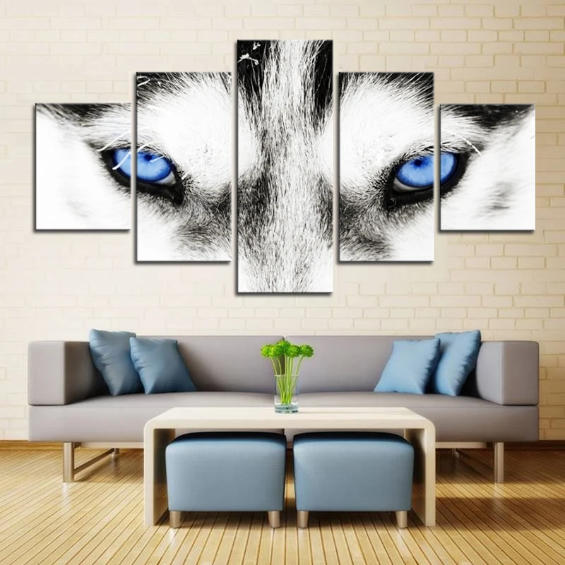 1556 5 De Réductiontoile Mur Art Noir Et Blanc Loup Chien Avec Yeux Bleus Affiche Animal Visage Tête 5 Pièces Abstraite Image Peinture Décor à La