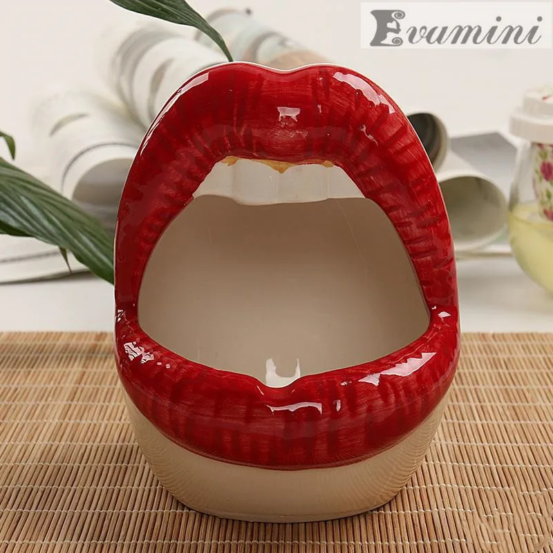 Teeth Ceramics Flowers Pots cigarettes ashtray ceramic ashtray Cute Lips Vase Green Planter Mini Ashtray China Personality Mouth Flower Vase Fashion Home D