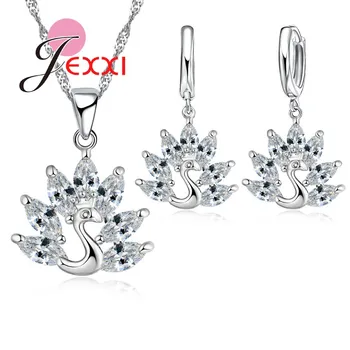 

Luxury 925 Sterling Silver Wedding Clear African AAA Crystal Peacock Pendant Necklace Earrings for Women Jewelry Sets