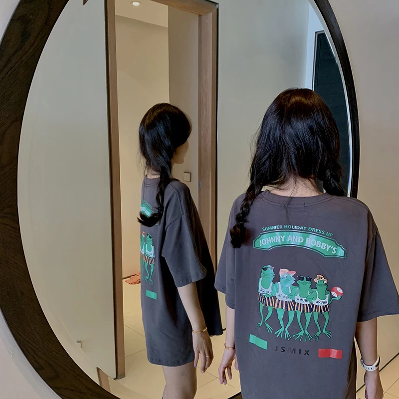 

2 colors 2019 korean ins style summer loose cartoon print short sleeve t-shirts womens tee shirt femme (R11072)