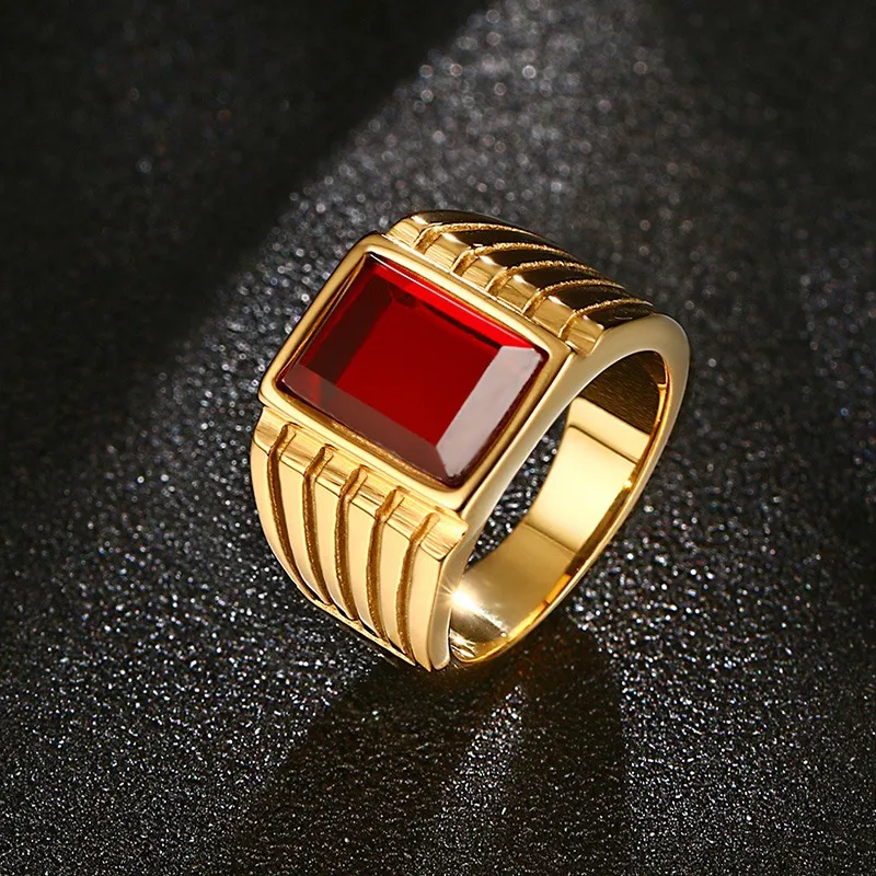 Модные великолепные мужские кольца из нержавеющей стали квадратные красные стразы кольцо для мужчин золотого цвета обручальное кольцо ювелирные изделия anel