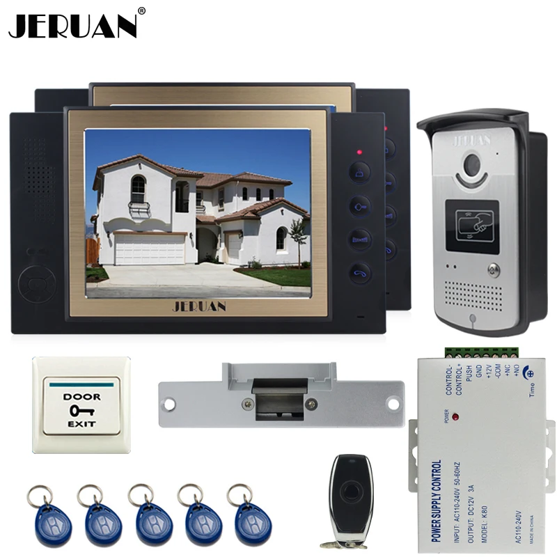 

JERUAN two luxury 8`` LCD Video Door Phone System 700TVL Camera access Control System+Cathode lock+Remote control+8GB card