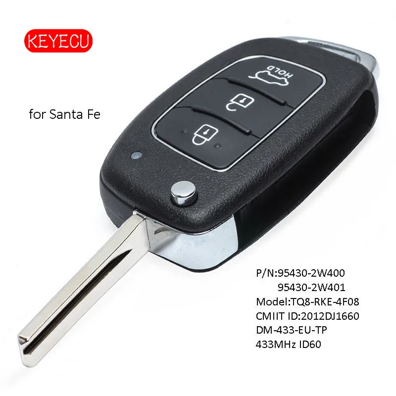 

Keyecu Flip Remote Key Fob 433MHz 4D60 Chip for Hyundai SantaFe 2012-2015 P/N: 95430-2W400