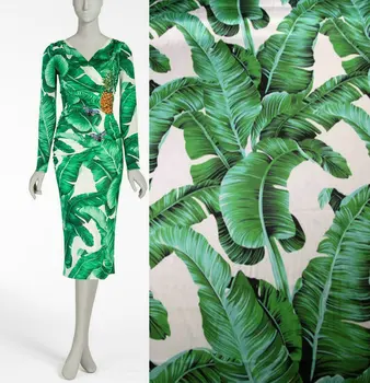 

145cm green banana leaf printing fabric diy dress scarf satin fabric clothing polyester pajamas fabric wholesale cloth